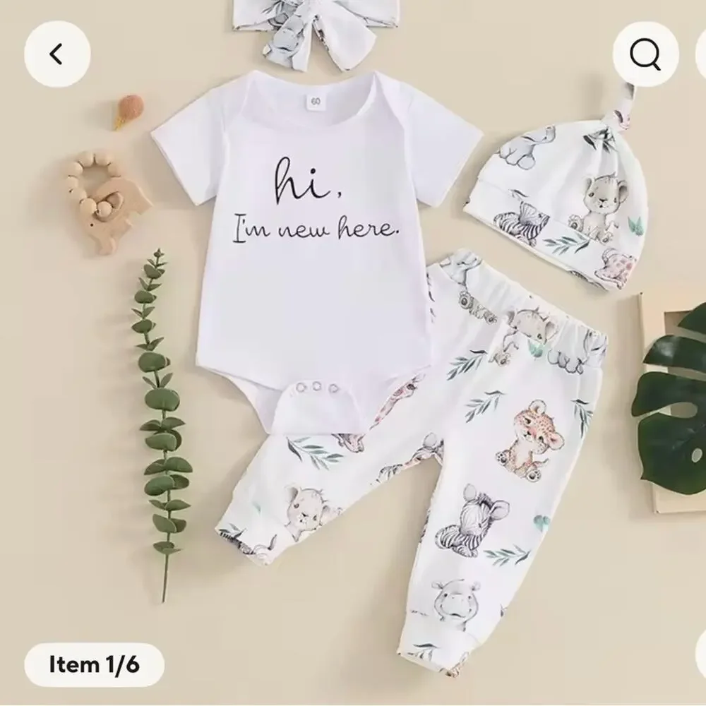 New Baby 3-Piece Outfit Set - White with Pastel Animal Prints NB